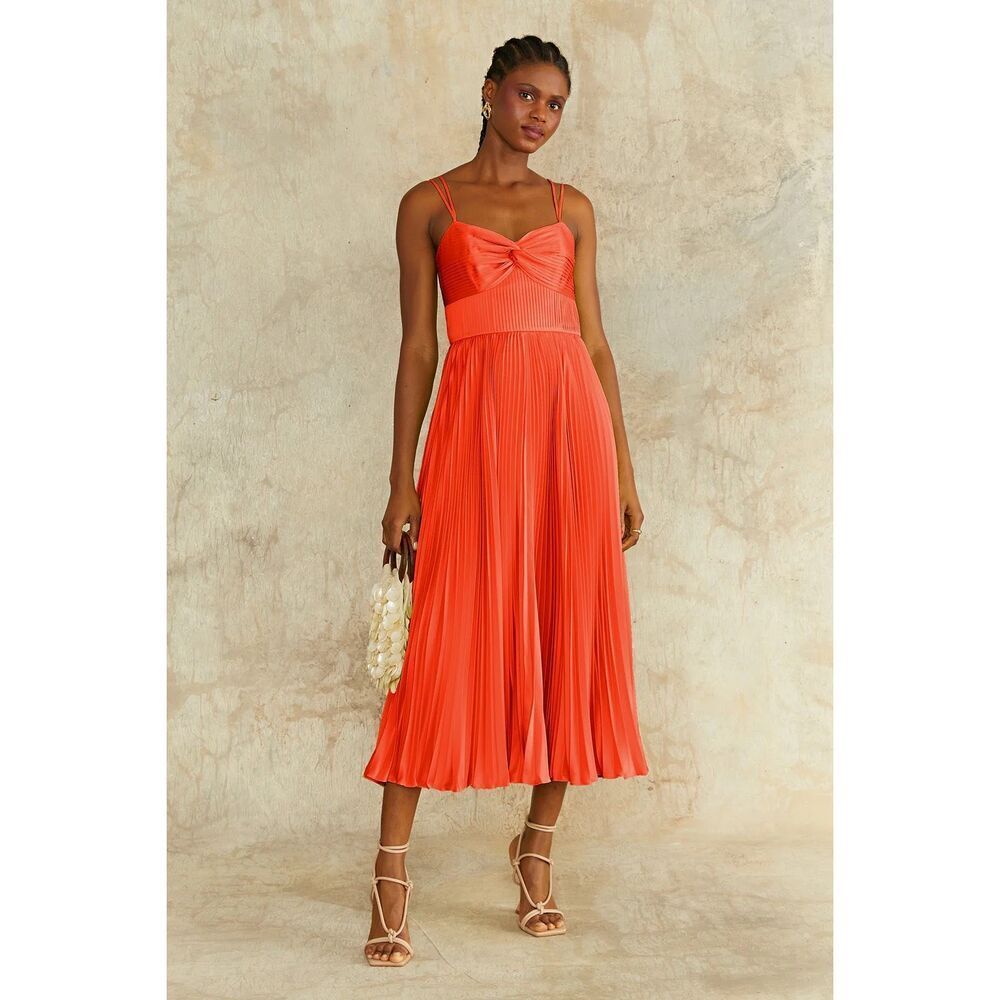 Amur Krisley Spicy Coral Pleated Cocktail Midi‎ Dress Size 4 NWT